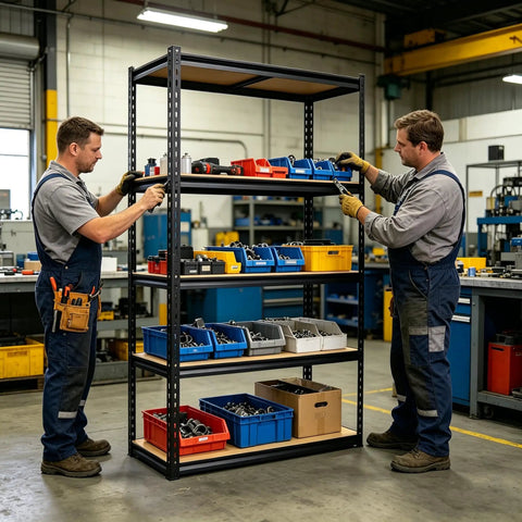 Badass Heavy Duty Five Tier Garage Shelving Unit With Reinforced Steel Legs And Rock Hard Mdf Shelves For Zero Fuss Workshop Organization And Bulky Tool Storage Solutions in a workshop with tools and bins.