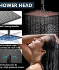 Top Shelf Ceiling Shower Faucet Set Featuring Handheld Sprayer And 12 Inch Led Rainfall Head, showcasing self-cleaning nozzles and adjustable angle.