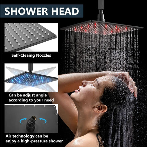 Top Shelf Ceiling Shower Faucet Set Featuring Handheld Sprayer And 12 Inch Led Rainfall Head, showcasing self-cleaning nozzles and adjustable angle.