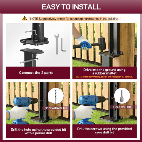 Installation steps for Heavy Duty Fence Post Repair Kit 6 Piece Set, featuring connection, hammering, drilling with bits.