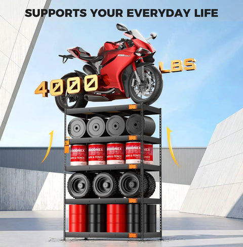 Heavy Duty Five Tier Metal Garage Shelving Unit With Thick MDF Boards And Powder Coated Matte Black Steel Frame Built Tough For Eight Hundred Pound Capacity, showcasing storage with motorcycle and containers.