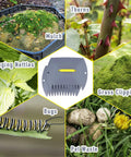 Image showing Leaf Scoops Hand Rake Set 2 Pack against different garden debris like thorns, nettles, and grass clippings.