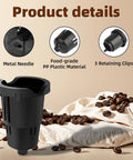 Front view of black K-Cup pod holder replacement for Keurig; metal needle, food-grade PP plastic, and 3 retaining clips.