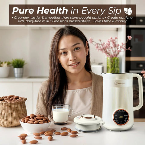 Woman in kitchen with 8-In-1 Nut Milk Maker With 32 Oz Capacity For Almond Milk Oat Milk Soy Milk Coconut Dairy Free Milks