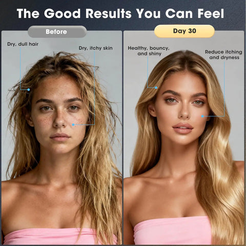 Before and after results of using Eight Mode Handheld Shower Head With Built-In Filter For Hard Water, showing improved hair and skin.