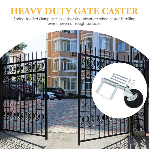 Rock Solid Heavy Duty Gate Caster Wheels With Spring Loaded Shock Absorbing Design For Smooth Rolling Over Bumpy Ground And Wooden Farm Gates Support Up To 75Kgs attached to a gate.