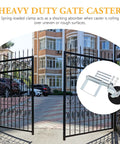 Heavy Duty Spring Gate Caster Wheels Built Tough For Smooth Swing Gate Operation And Reliable Garden Fence Rolling With No Sweat Assembly And Beefy Load Capacity with spring-loaded clamp showing on gate.