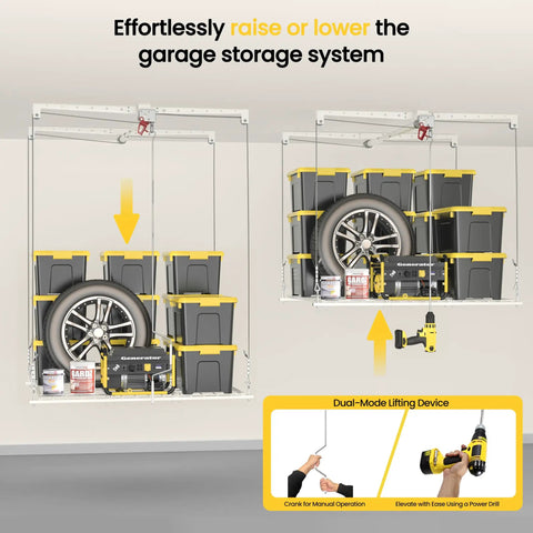 No Sweat Overhead Garage Storage Rack Straight Up Heavy Duty Ladder Free Ceiling Lift Tray For 8 To 10 Ft Ceilings showing raised storage with bins and tire.