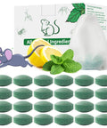 24 Pack Peppermint Oil Rodent Repellent with concealed peppermint balls, lemon, and mint leaves on display.