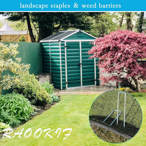 12 Inch Galvanized Garden Landscape Staples Heavy Duty 11 Gauge Ground Stakes For Hoses Cords Fences And Lawn Fabric Pins Great For Outdoor Decoration And Security Rust Resistant Packs Of 20 50 100 Or 200 used in a garden setting.