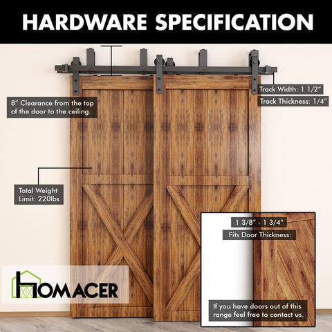 Black Rustic Double Track U Shape Bypass Sliding Barn Door Hardware Kit for Two Doors With 15ft Flat Track and Flower Design Rollers Space Saver Smooth Operation Easy Install shown installed on wooden doors.