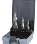 Step Drill Kit With HSS Bits For Metalworking Centering, Spot Drilling, Deburring, And Bore, displayed in a case for size range view