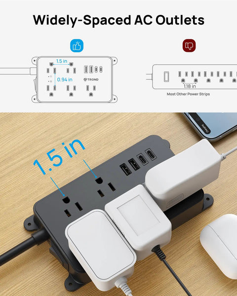 Surge Protector Power Strip with USB Ports and 10ft Extension Cord, ETL Listed, showing widely spaced AC outlets in use