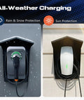 Tough As Nails Ev Charger Protective Cover With Heavy Duty Weatherproof Canopy For Electric Cars And Common Stations Universal Fit mounted under rain and snow on left, and sunny on right, in matte black