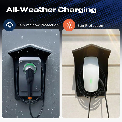 Tough As Nails Ev Charger Protective Cover With Heavy Duty Weatherproof Canopy For Electric Cars And Common Stations Universal Fit mounted under rain and snow on left, and sunny on right, in matte black