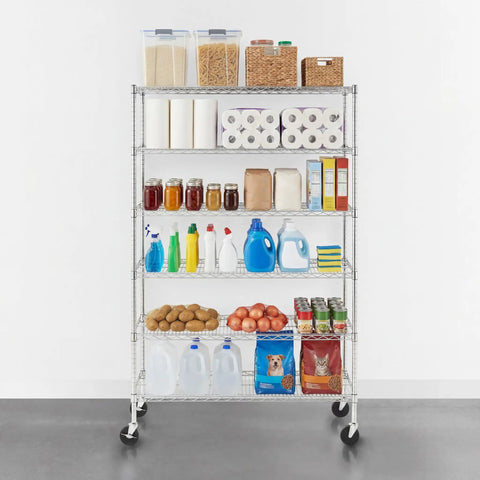 Shop Ready NSF Certified Six Tier Steel Wire Shelving Rack With Solid Locking Casters, Perfect For Garage Refresh And Heavy Duty Commercial Storage, Stands Over Six Feet Tall, filled with jars, cleaning supplies, and food items.