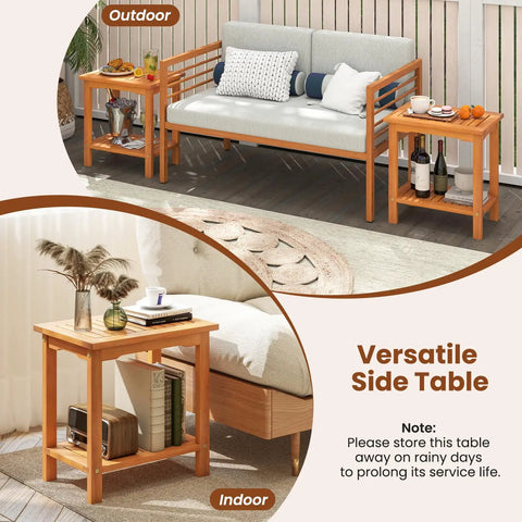Acacia Wood Outdoor Side Table With Slatted Top And Two Tier Storage Shelf For Backyard Poolside Patio Or Indoor Use Built To Last In Natural Finish No Fuss Durability shown in outdoor and indoor settings.