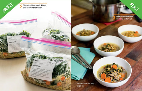 Top Shelf Batch Cooking Cookbook For Busy Families Stock Your Freezer With Legit Budget Friendly Dinner Recipes Fast Meal Prep Hacks And Solid Kitchen Swaps You Actually Gonna Love. Frozen meals in plastic bags and servings of soup in white bowls.