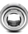 Heavy Duty Ag Bearing With Square Bore Fitment And Spherical Outer Shape For Quick Disc Harrow Tractor Planter Replacement. Close-up view.