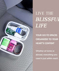 Top Shelf Hard Sided Clear Zipper Boxes For Quick Storage And Road Trips, Nail The Mess With Bpa Free Plastic Pencil Case And Toiletry Bag, Hella Durable Two Piece Xs Bundle filled with toiletries in a car.
