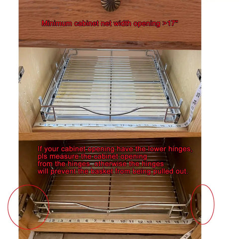 Top Notch Heavy Duty Pull Out Cabinet Organizer One Tier Smooth Glide Chrome Wire Drawer Shelf for Kitchen Pantry and Bathroom cabinet opening measurement.