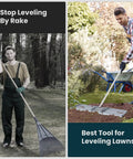 Lawn Leveling Rake 45 Inch Heavy Duty Stainless Steel Leveler For Backyard And Garden Spreader Topdressing Tool in use.