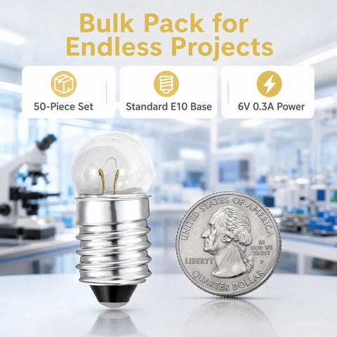 Top Shelf E10 Miniature Light Bulbs Offering Hella Reliable Warm White Glow for Your Home Lab or Flashlight Fixes, 50-piece pack with E10 base.