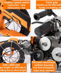 Close-up of All Terrain Four Wheel Drive Cable Threading Tool For Electricians showing speed switch, front grip, cable reel, and turbine housing.