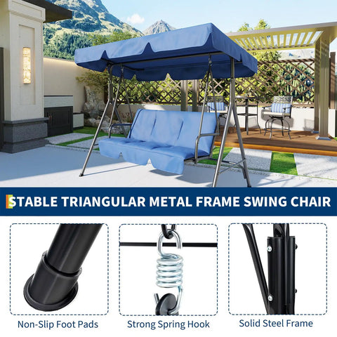 Three-Seat Outdoor Porch Swing With Adjustable Canopy And Removable Cushions Powder-Coated Steel Frame Sturdy Stand Blue Patio Swing