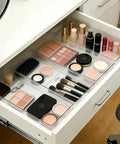 4 Pack 15x6 Inch Extra Large Clear Plastic Drawer Organizer Trays For Vanity Makeup Kitchen Utensils Bathroom Office Desk Auto Tools And Craft Supplies Ultra Handy Multi Purpose Storage Bins visible in a makeup drawer