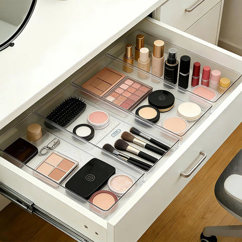 4 Pack 15x6 Inch Extra Large Clear Plastic Drawer Organizer Trays For Vanity Makeup Kitchen Utensils Bathroom Office Desk Auto Tools And Craft Supplies Ultra Handy Multi Purpose Storage Bins visible in a makeup drawer