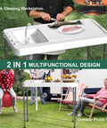42.5 Inch Folding Fish Cleaning Table With Sink And Hose Hookup Portable Outdoor Fishing Station Heavy Duty Camping Table With Measure Marks For Beach Patio Dock Picnic Use shown as fish cleaning workstation and picnic table.