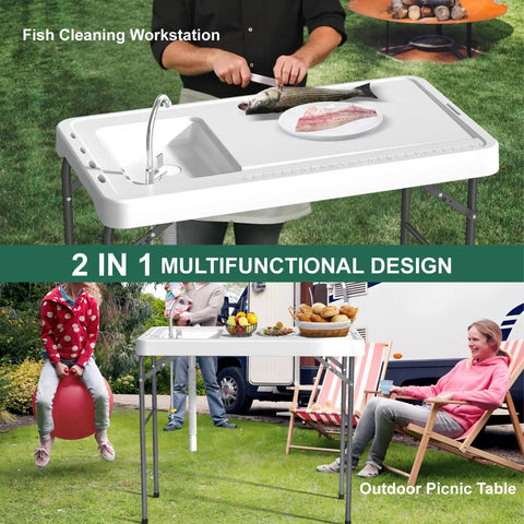 42.5 Inch Folding Fish Cleaning Table With Sink And Hose Hookup Portable Outdoor Fishing Station Heavy Duty Camping Table With Measure Marks For Beach Patio Dock Picnic Use shown as fish cleaning workstation and picnic table.