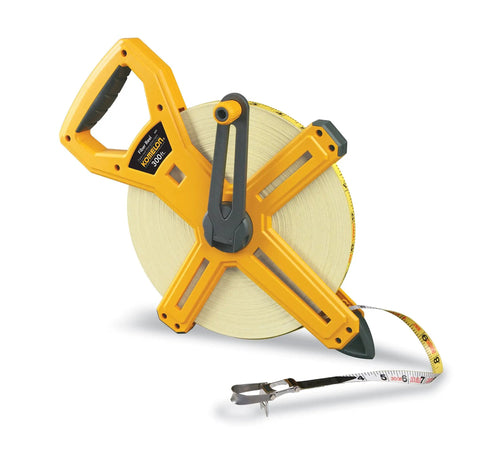 Open Reel Fiberglass Tape Measure 330 Feet Hi Viz Yellow With Rugged ABS Frame And Comfortable Rubber Grip Dual Scale Feet Inches And Metric End Hook Stake Included For One Person Operation