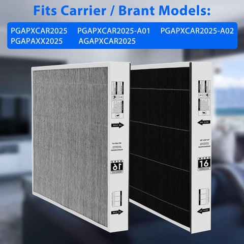 MERV 16 20X25X3In air filter for Bryant Carrier purifier, shown with both front and side views, fits PGAPXCAR2025 models, 2 pack.
