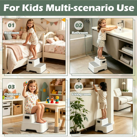 Rock Solid Toddler Step Stool For Bathroom Sink With Super Grippy Non Slip Base And Double Layer Platform Giving Little Ones Safe Counter Height Access In Classic Gray in multiple room settings.