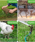 4 scenes showing 50 Pack 4 Inch Landscape Staples 12 Gauge Galvanized Heavy Duty Ground Stakes used for sod, decorations, animal fence, irrigation.