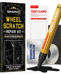 Hassle Free Wheel Scratch And Curb Rash Repair Kit Matte Black Rim Paint Pen With All In One Set, includes pen and accessories.