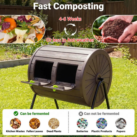 Dual Chamber Compost Bin With 360 Degree Rotating Tumbler 37.5 Gallon Outdoor Bin On Sturdy Metal Stand Lockable Doors
