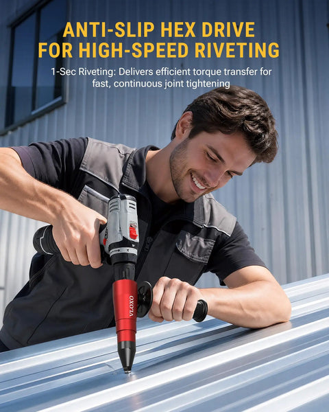 Top Shelf Rivet Gun Adapter Kit Turns Your Cordless Drill Into A Heavy Duty Power Riveter with anti-slip grip and hex drive for swift riveting.