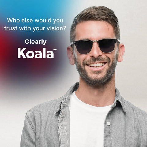 Koala eyeglass lens cleaner spray kit product image; man wears black sunglasses with Koala logo on gradient background.