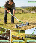 Wheeled Adjustable Thatch Rake For Lawn Care With Protective Gloves, Ergonomic Dethatcher Rake, heavy duty carbon steel rust resistant