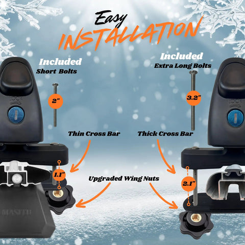 Premium Heavy Duty All Season Vehicle Roof Rack System Built For Fast Hauling And Rock Solid Hold On Winter Skis Snowboards Summer Paddles Fishing Rods And Gear installation image showing short and extra long bolts with wing nuts.