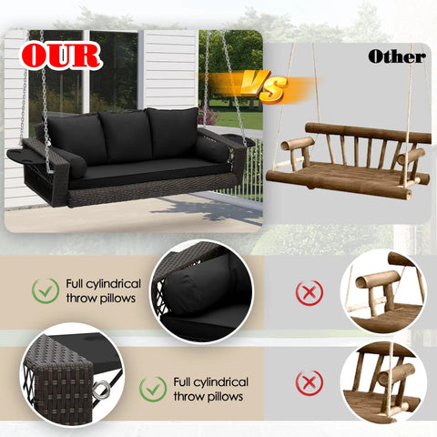 Comparison of 3 Person Porch Swing Bench Wicker Outdoor Hanging Chair For Garden Yard And Lawn Brown Rattan with cushions vs wood swing