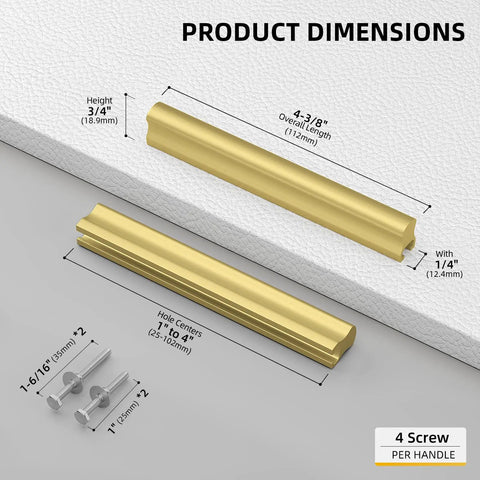 Diagram of 20 Pack Gold Adjustable Drawer Pulls For Cabinets And Drawers with size details, 1 to 4 inch hole spacing.
