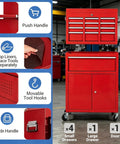 Heavy Duty Rolling Tool Chest With Five Spacious Drawers And Lockable Bottom Cabinet Detachable Mobile Workbench For Garage Storage, showing push handle, drawers, and tool hooks.
