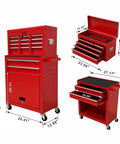 Hella Smooth Rolling 8 Drawer Tool Chest With Detachable Master Top Box And Cushioned Liners For Serious Gear Head Crew and Pro Mechanics Who Want Durable Shop Storage In Red, dimensions included.
