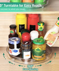 Four Pack Slick 9.5 Inch Lazy Susan Turntable Organizer with condiments on a rotating tray for easy pantry access.