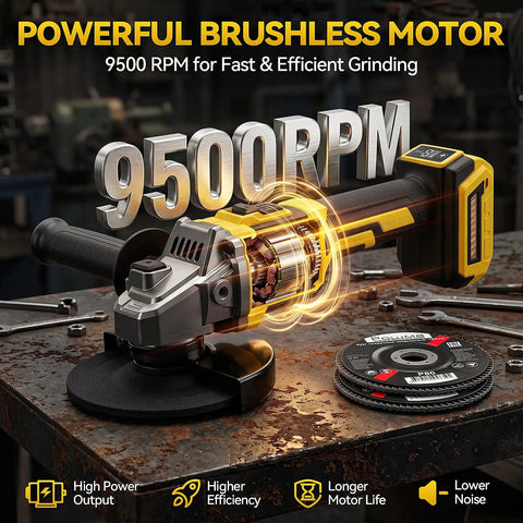 Powerful Badass Cordless Angle Grinder Compatible With DeWalt 20V Max Tool Only featuring 9500 RPM brushless motor for efficient grinding.