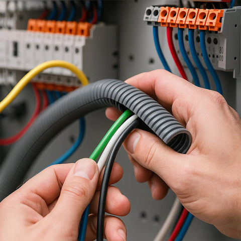 Hands organizing cables with Split Wire Loom Tubing Made From Polyethylene Corrugated Flexible Conduit For Easy Cable Management Two Inch Nominal Size Fifty Feet Length Blue Color RoHS Compliant DIY Friendly Auto Marine Home Wiring Projects